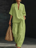 Casual And Cozy Minimalist V-neck Short-Sleeve Shirt and Trouser Linen Two-piece Set