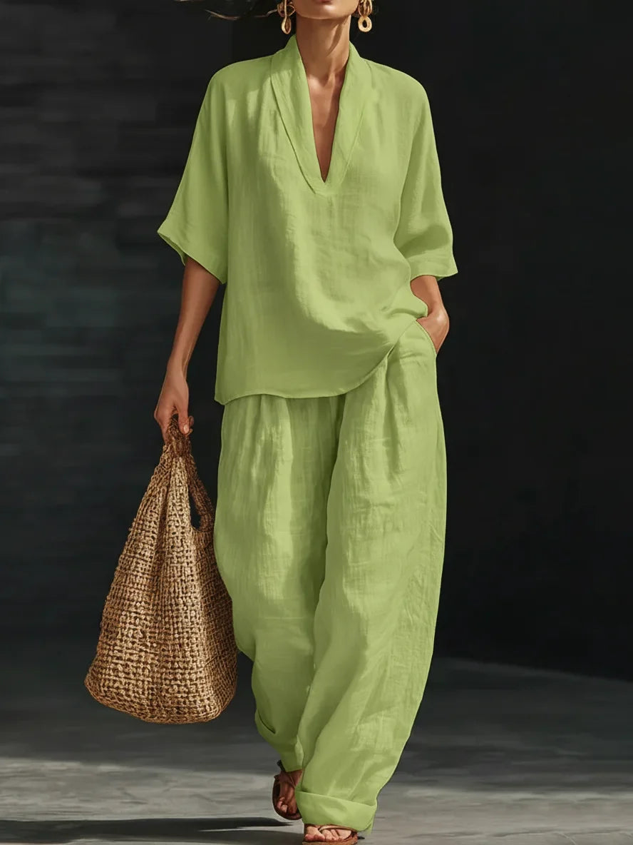 Casual And Cozy Minimalist V-neck Short-Sleeve Shirt and Trouser Linen Two-piece Set