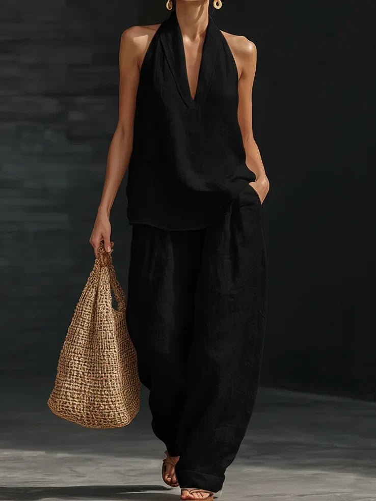 Casual And Cozy Minimalist Halter Top and Trouser Linen Two-piece Set