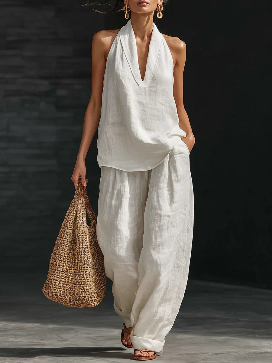 Casual And Cozy Minimalist Halter Top and Trouser Linen Two-piece Set