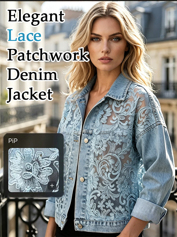 Women's Loose Floral Lace Patchwork Denim Jacket