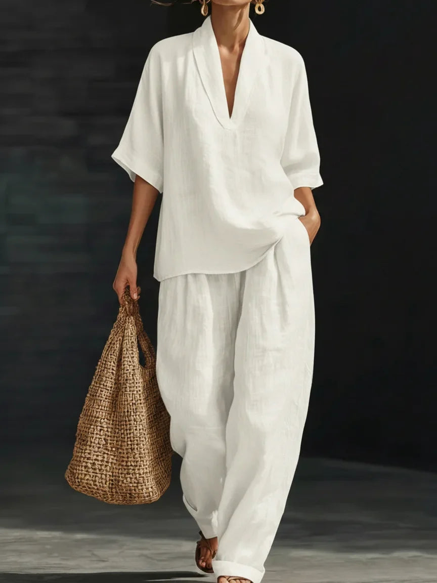 Casual And Cozy Minimalist V-neck Short-Sleeve Shirt and Trouser Linen Two-piece Set