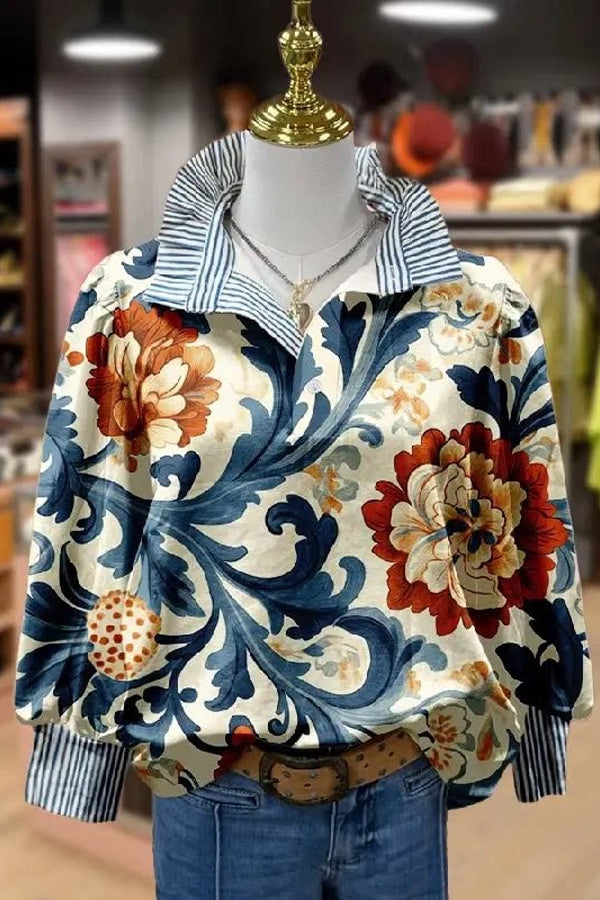 Vintage Floral Print Striped Collar Top