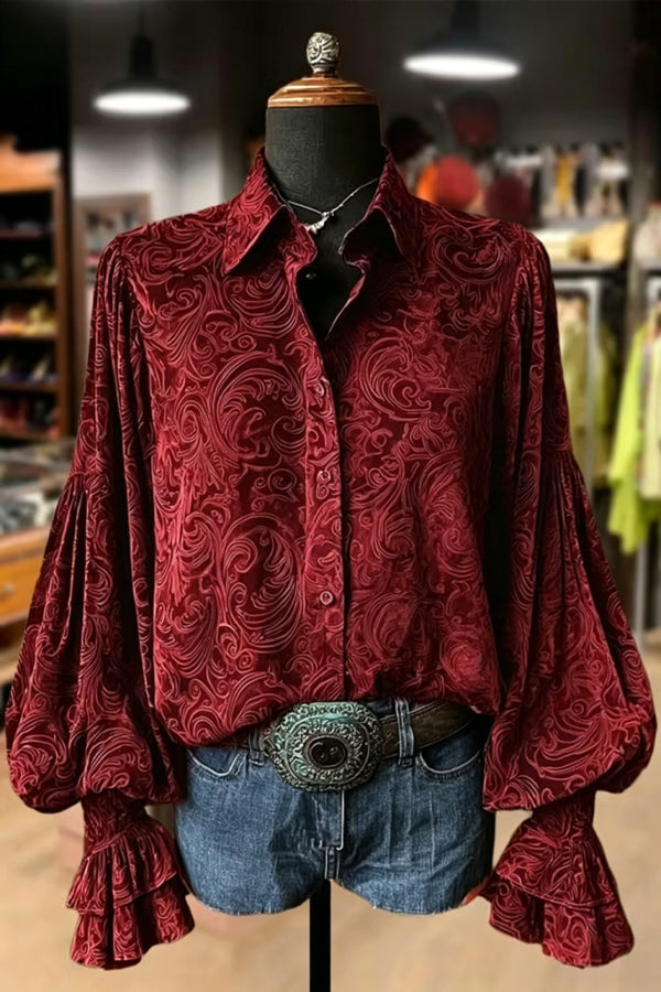 Vintage Floral Print Lantern Sleeve Velvet Top