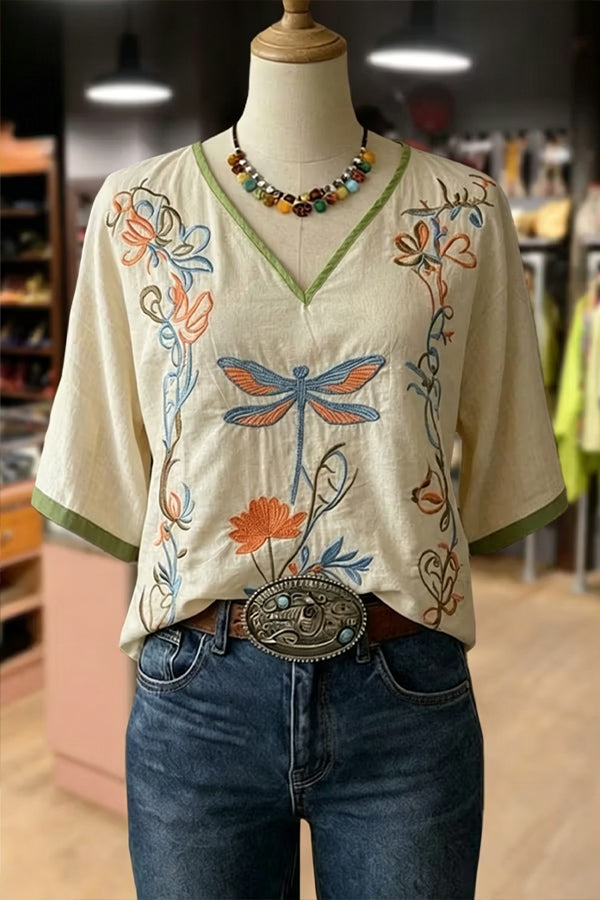 Retro Floral Embroidered V-Neck Short Sleeve Cotton Top