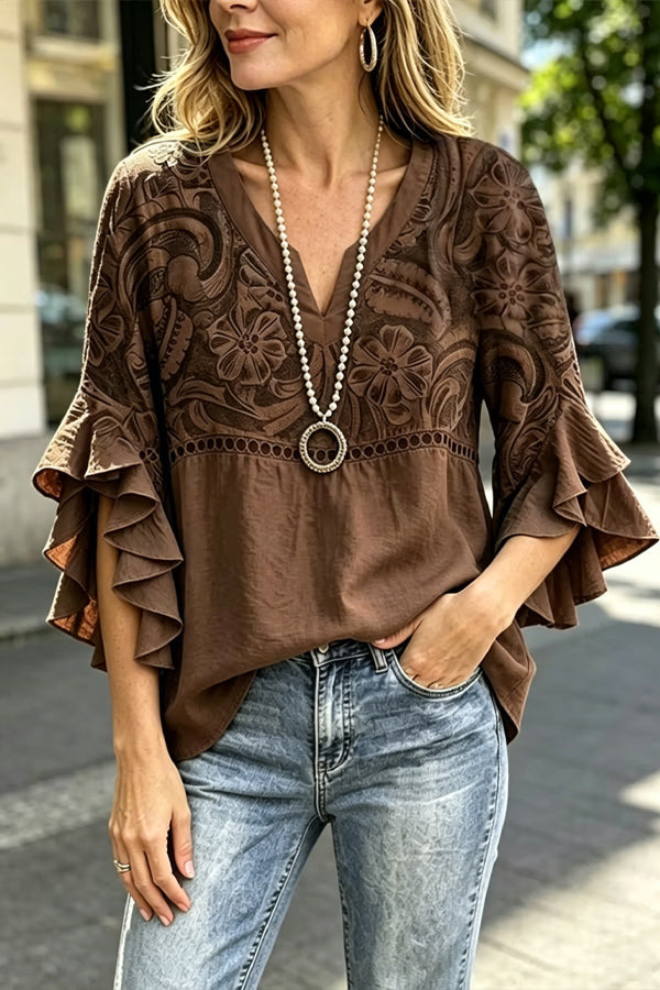 Vintage Floral Print Hollow Out Ruffle Sleeve Top