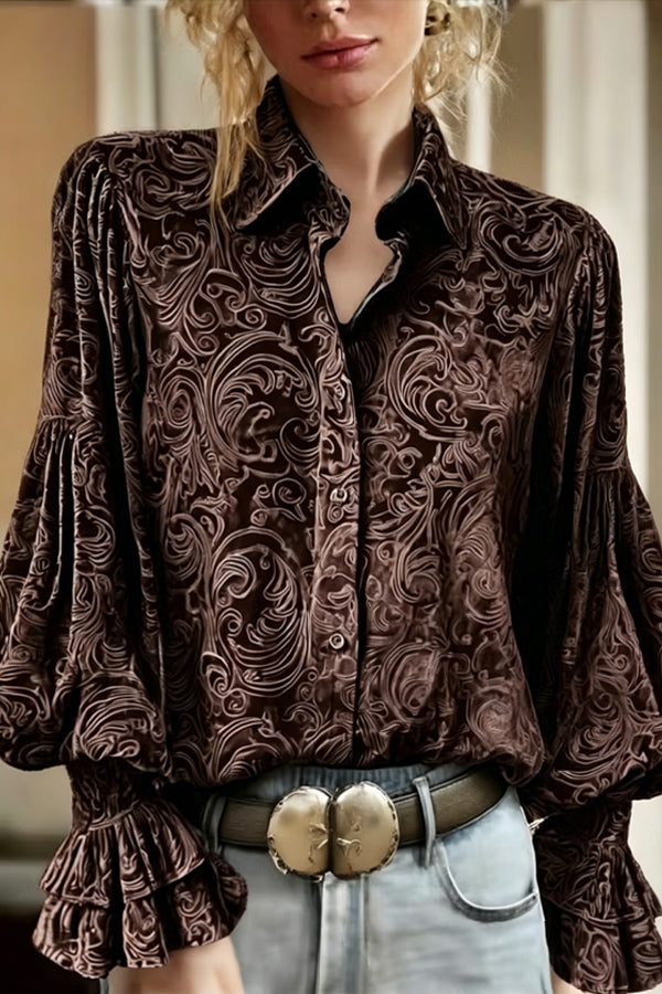 Vintage Floral Print Lantern Sleeve Velvet Top