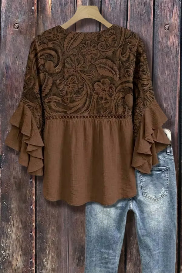 Vintage Floral Print Hollow Out Ruffle Sleeve Top