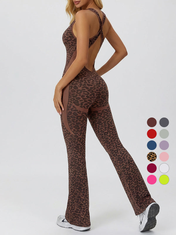 Leopard print cross-back sexy bodysuit yoga flared pants