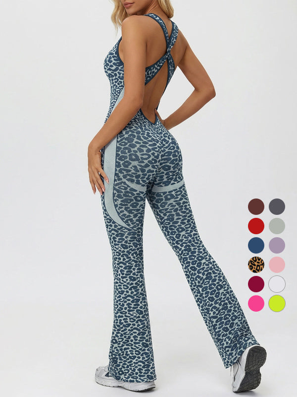 Leopard print cross-back sexy bodysuit yoga flared pants