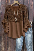 Vintage Floral Print Hollow Out Ruffle Sleeve Top