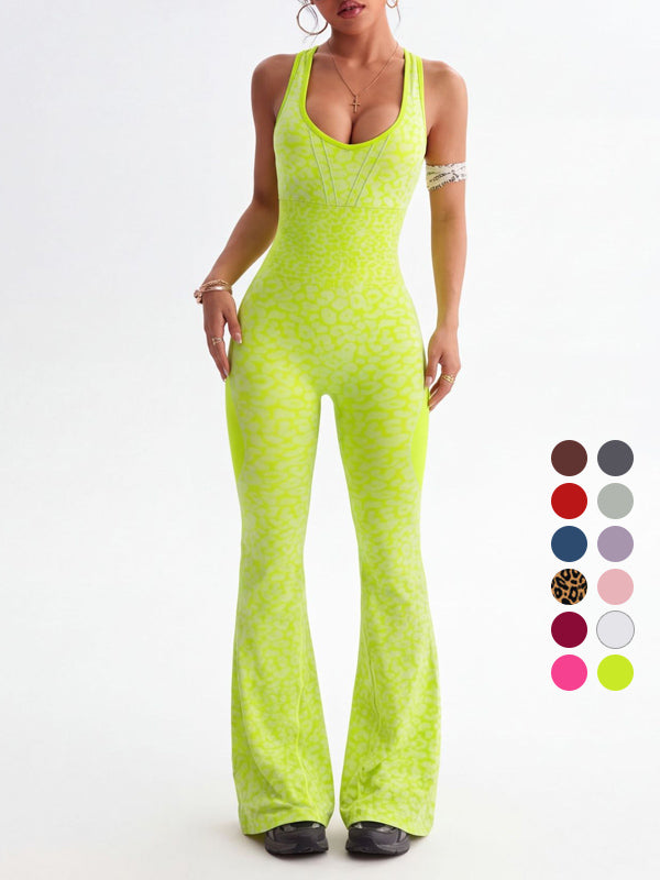Leopard print cross-back sexy bodysuit yoga flared pants