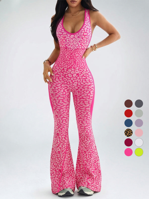 Leopard print cross-back sexy bodysuit yoga flared pants
