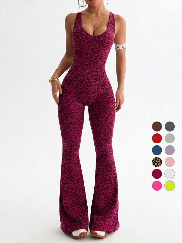 Leopard print cross-back sexy bodysuit yoga flared pants