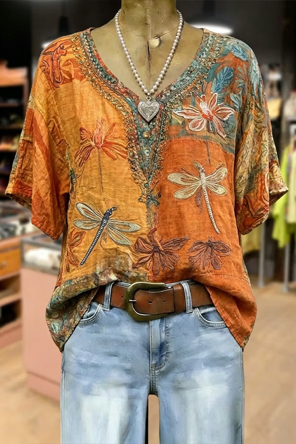 Retro Floral Embroidered V-Neck Cotton Blouse