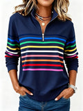 Half-Zip Collar Fashionable Rainbow Striped Sweatshirt
