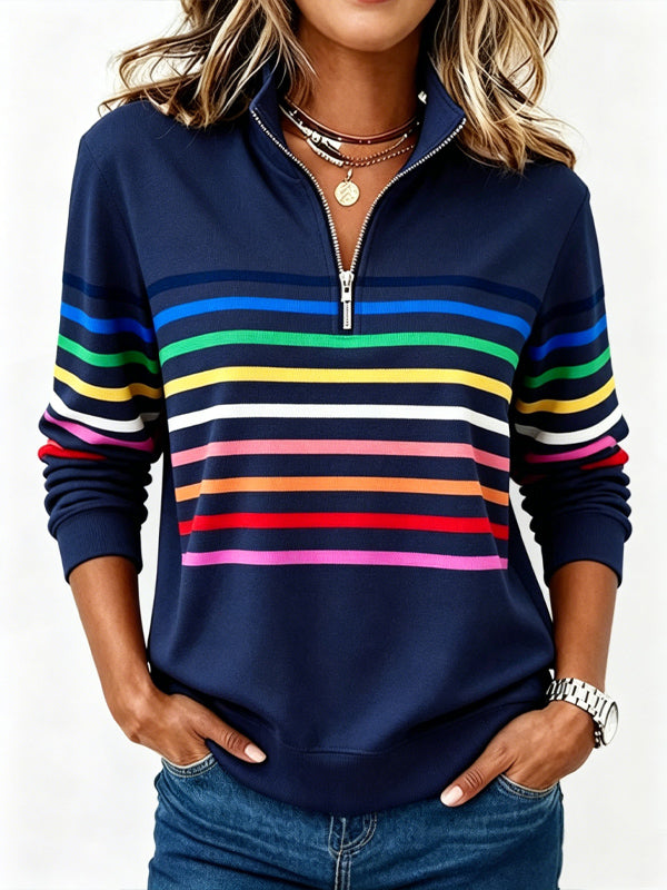 Half-Zip Collar Fashionable Rainbow Striped Sweatshirt