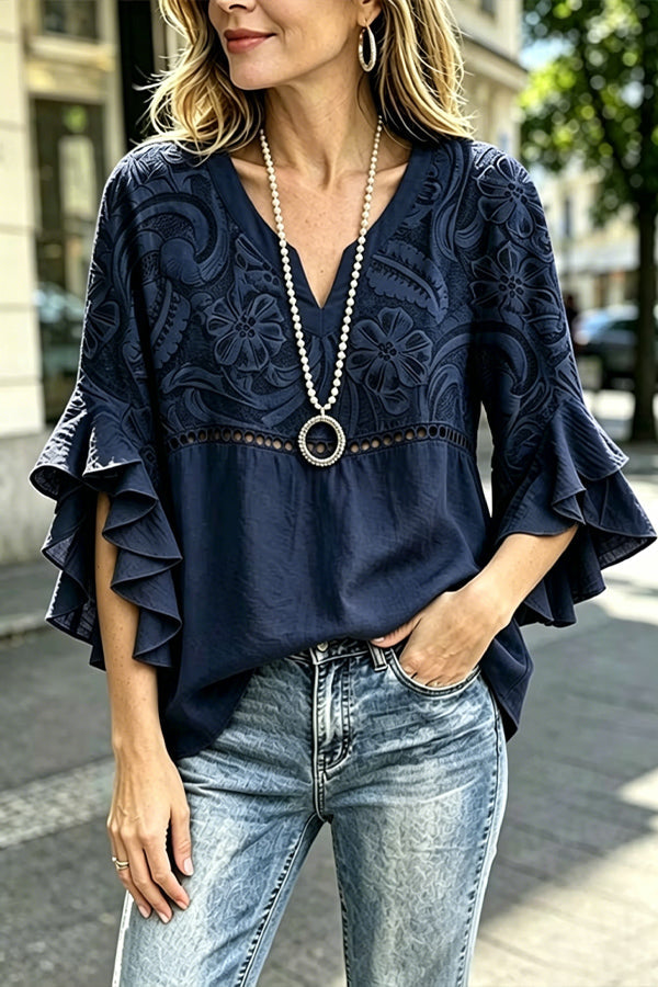 Vintage Floral Print Hollow Out Ruffle Sleeve Top