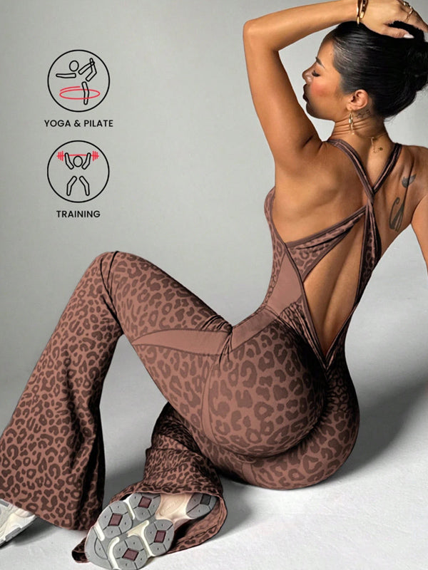 Leopard print cross-back sexy bodysuit yoga flared pants