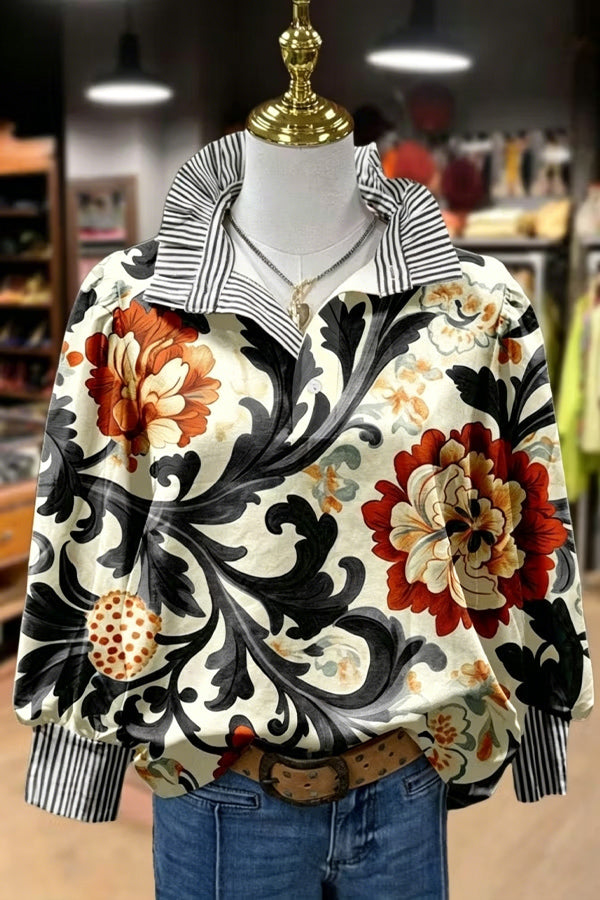Vintage Floral Print Striped Collar Top