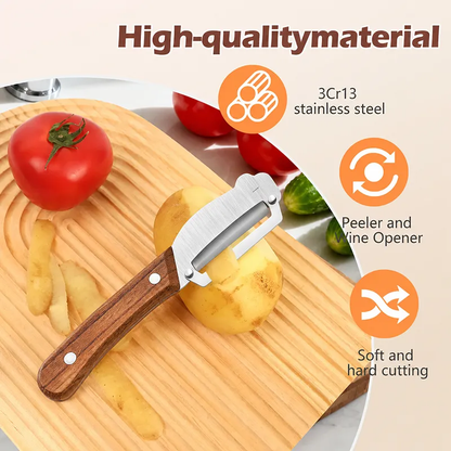 ✨Hot Sale✨Multi-Functional Vegetable Peeler for Kitchen, Ultra-Sharp Stainless Steel Blade with Wooden Handle and Bottle Opener (2 Pcs)