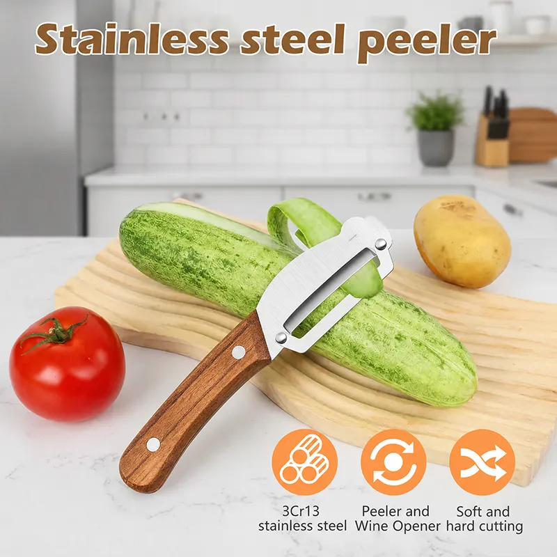 ✨Hot Sale✨Multi-Functional Vegetable Peeler for Kitchen, Ultra-Sharp Stainless Steel Blade with Wooden Handle and Bottle Opener (2 Pcs)