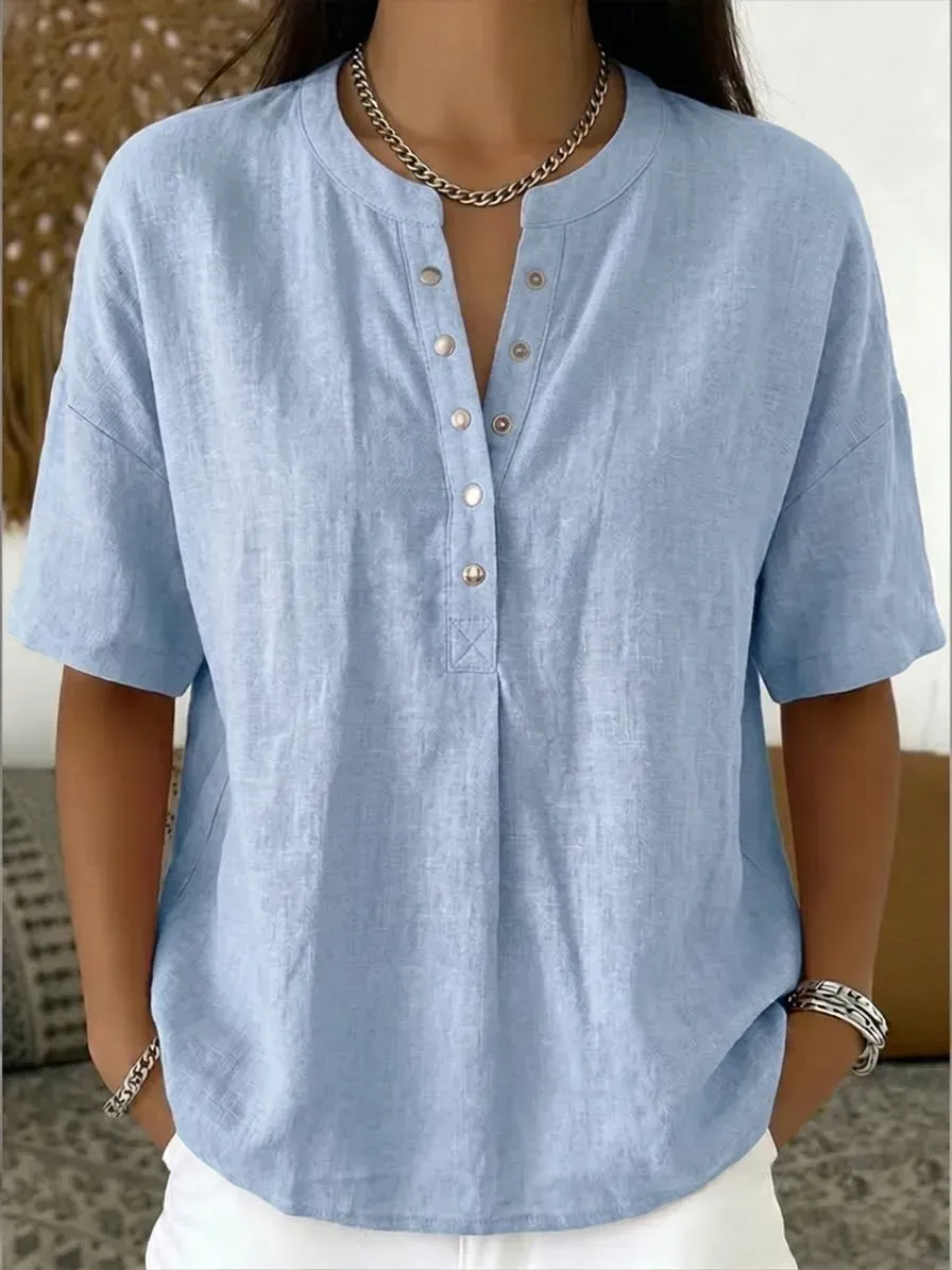 New Arrivals🔥 Women's Casual Henley Collar Linen And Cotton Short-sleeve Shirt
