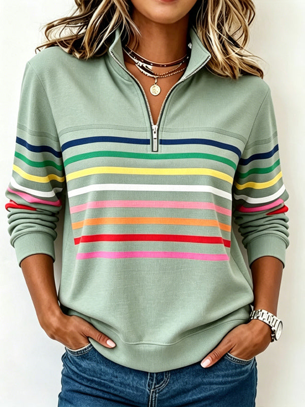 Half-Zip Collar Fashionable Rainbow Striped Sweatshirt