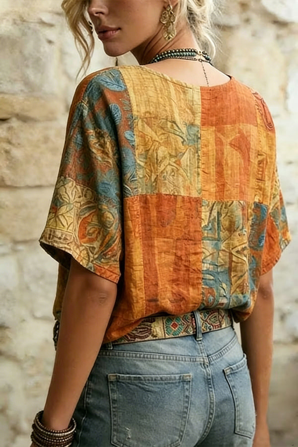 Retro Floral Embroidered V-Neck Cotton Blouse
