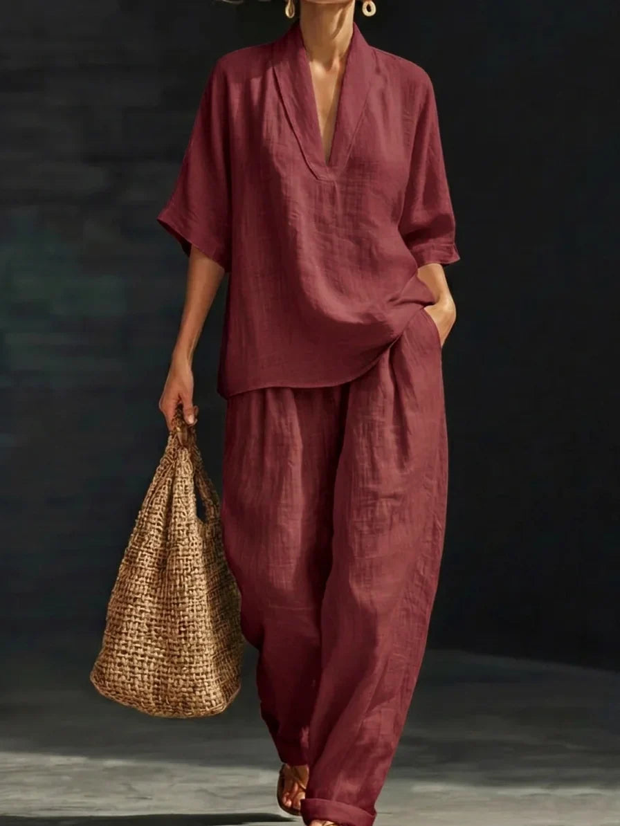 Casual And Cozy Minimalist V-neck Short-Sleeve Shirt and Trouser Linen Two-piece Set