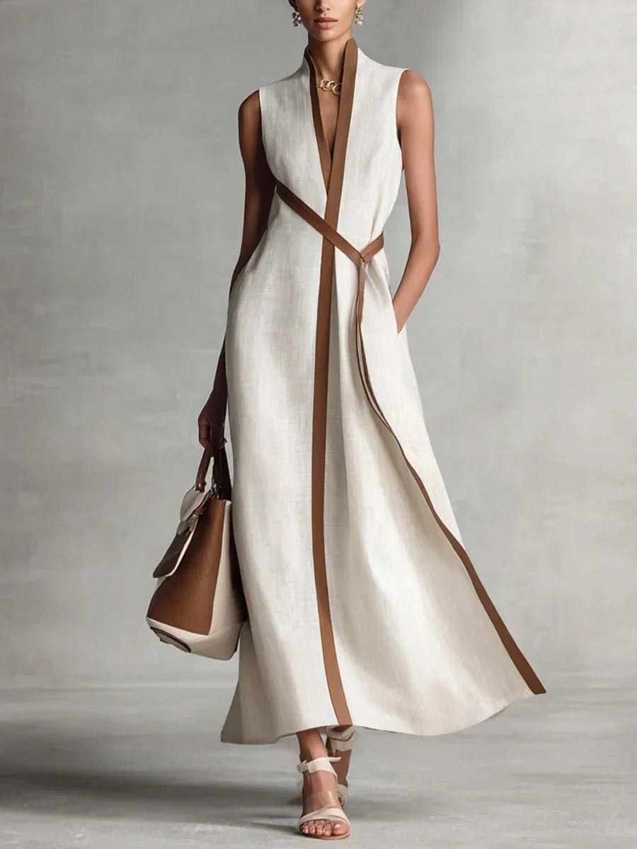 Women's Stand-up Collar Sleeveless Casual Loose Cotton And Linen Dress