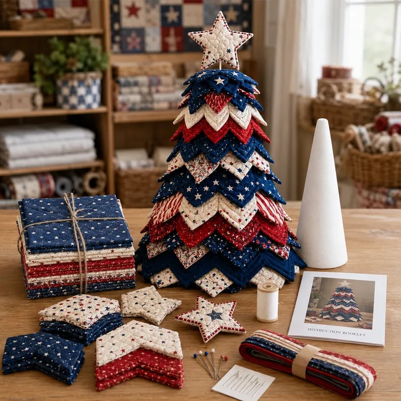 🎄Americana Christmas Tree Quilt Kit – Easy Layered Fabric Holiday Décor for Quilting Lovers