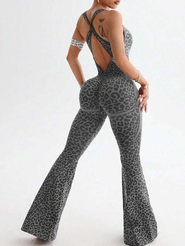 Leopard print cross-back sexy bodysuit yoga flared pants