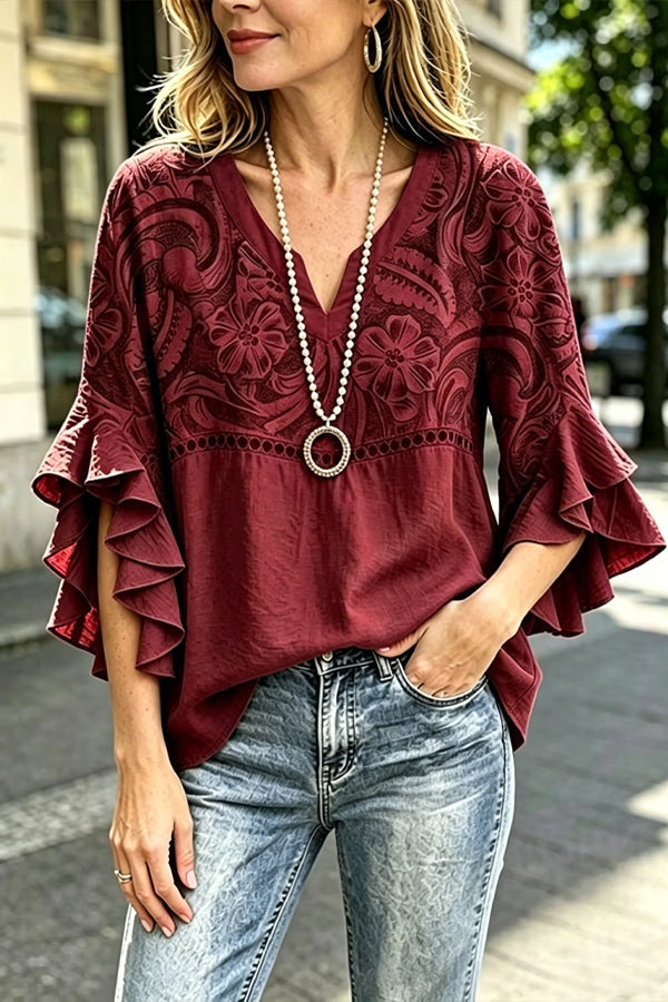 Vintage Floral Print Hollow Out Ruffle Sleeve Top