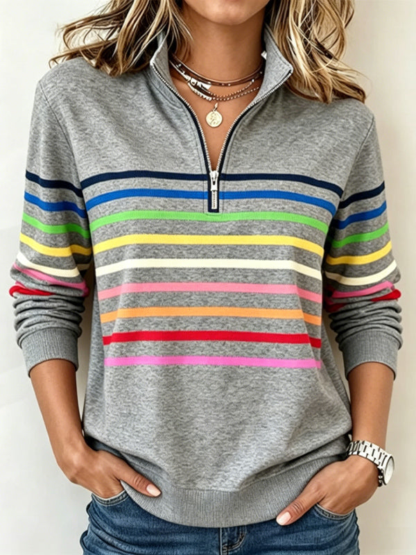 Half-Zip Collar Fashionable Rainbow Striped Sweatshirt