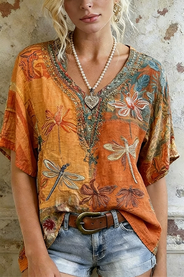 Retro Floral Embroidered V-Neck Cotton Blouse