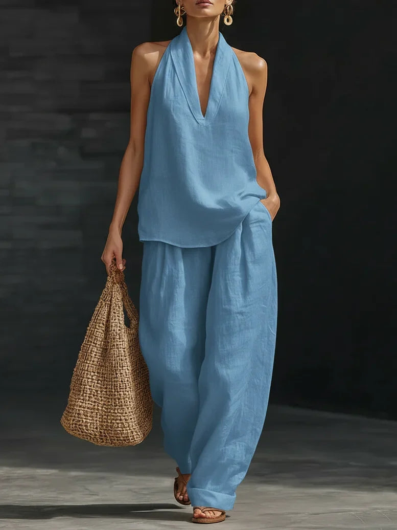 Casual And Cozy Minimalist Halter Top and Trouser Linen Two-piece Set