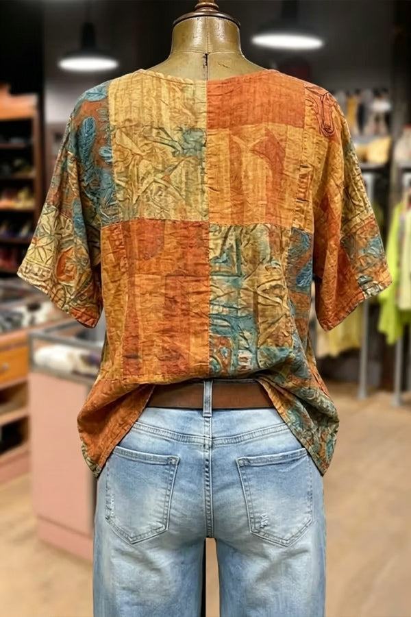 Retro Floral Embroidered V-Neck Cotton Blouse