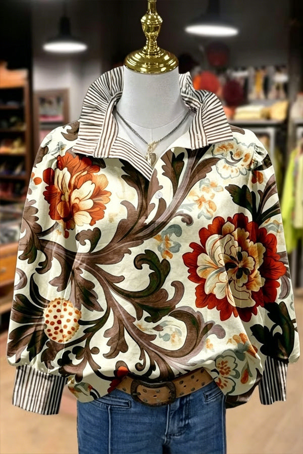 Vintage Floral Print Striped Collar Top