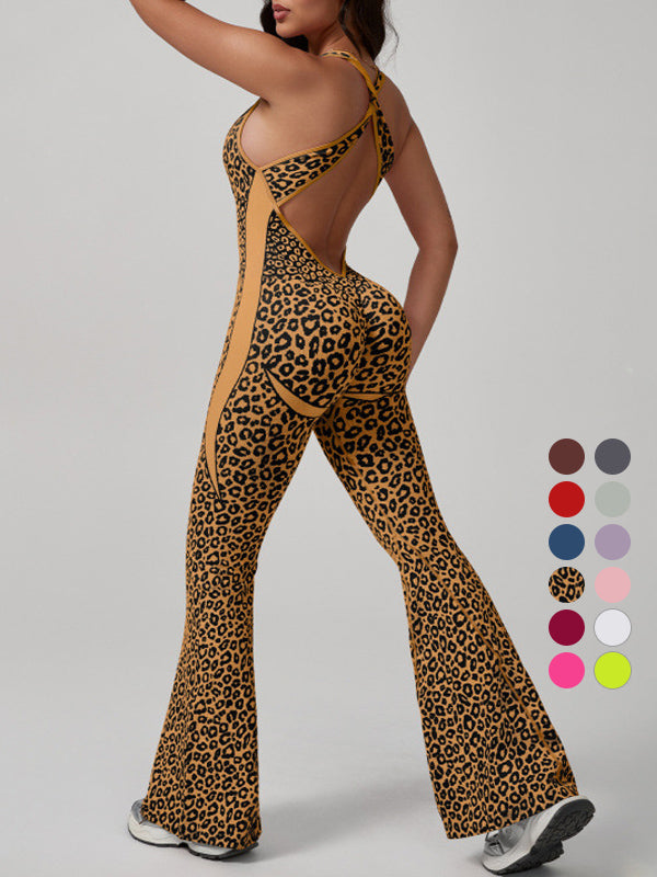 Leopard print cross-back sexy bodysuit yoga flared pants