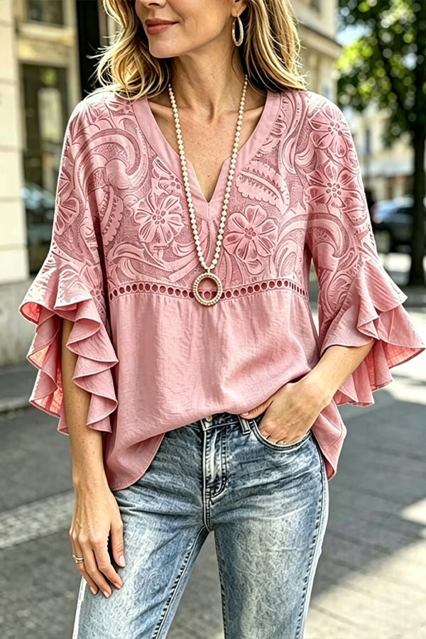 Vintage Floral Print Hollow Out Ruffle Sleeve Top