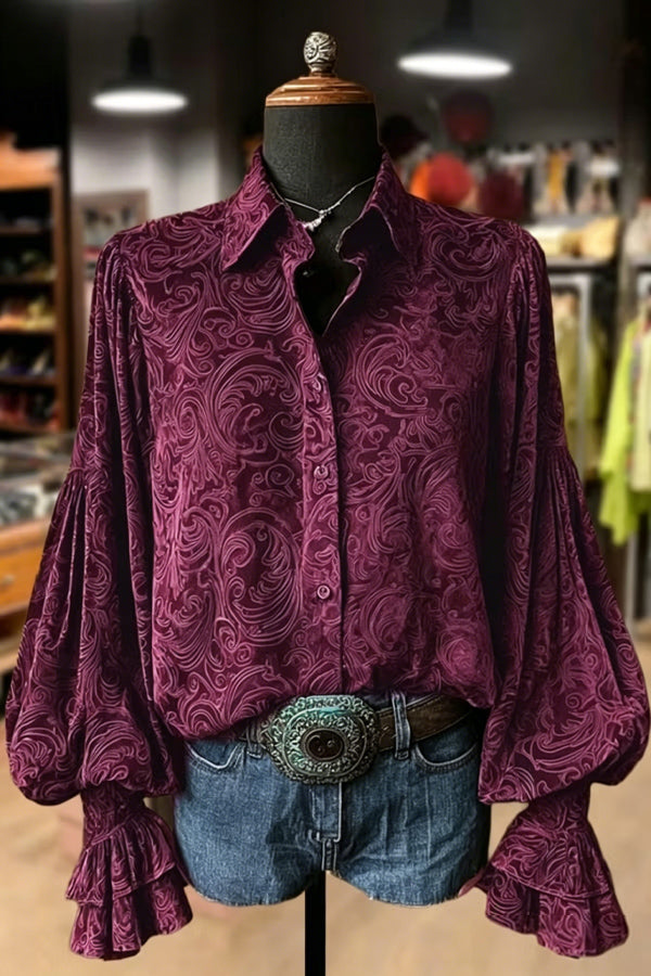 Vintage Floral Print Lantern Sleeve Velvet Top