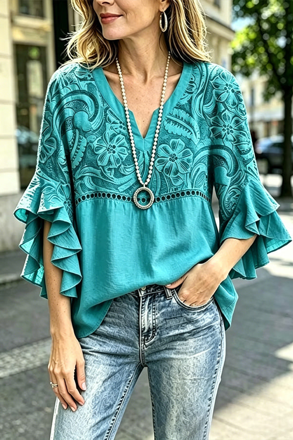 Vintage Floral Print Hollow Out Ruffle Sleeve Top