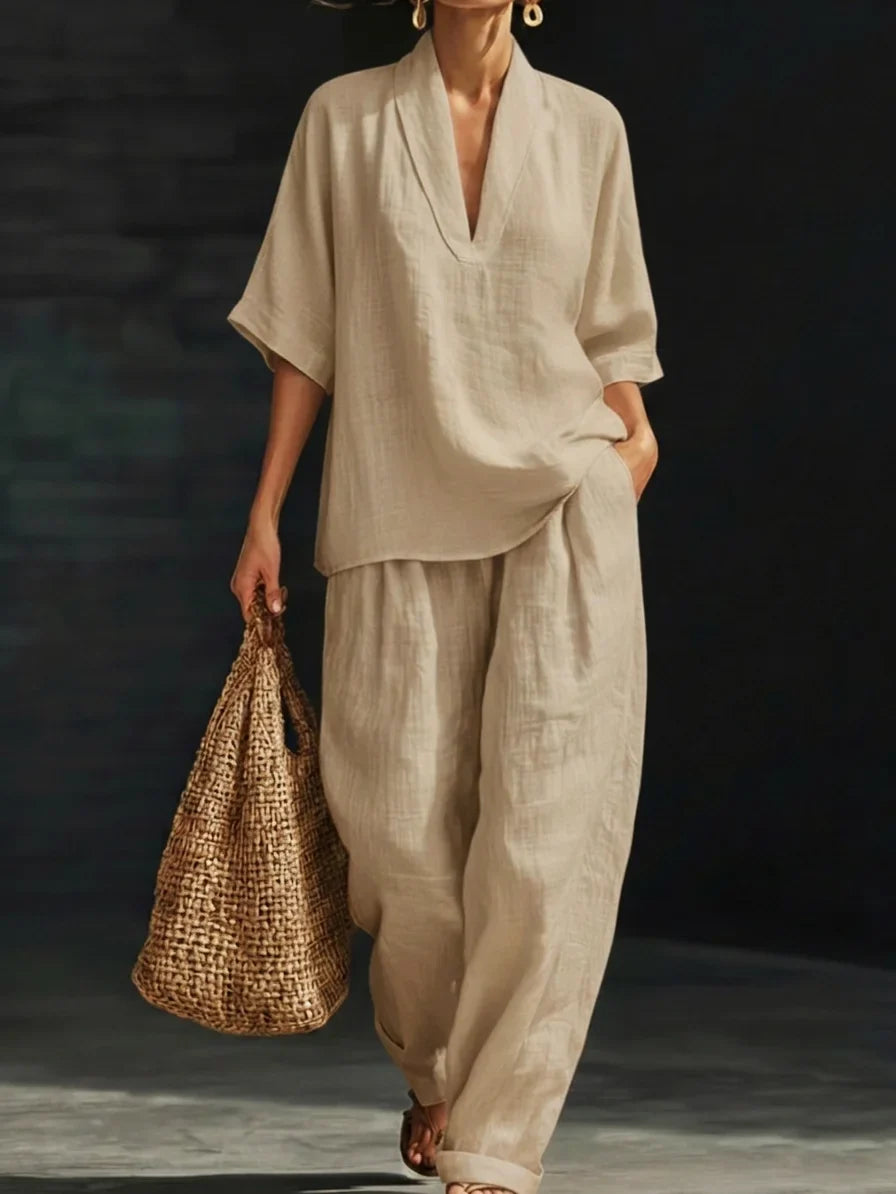 Casual And Cozy Minimalist V-neck Short-Sleeve Shirt and Trouser Linen Two-piece Set