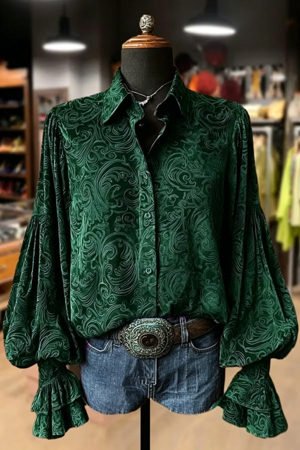 Vintage Floral Print Lantern Sleeve Velvet Top