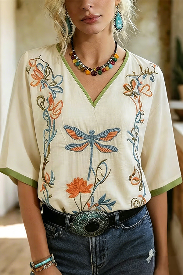 Retro Floral Embroidered V-Neck Short Sleeve Cotton Top