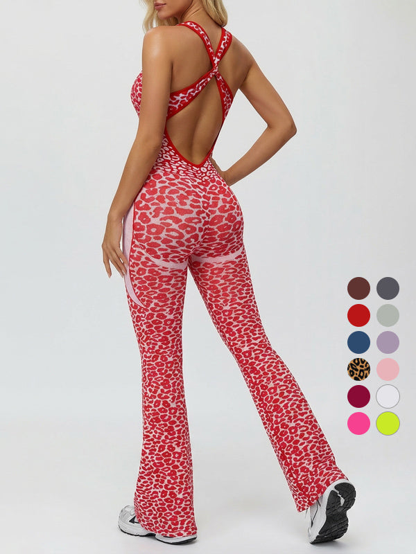 Leopard print cross-back sexy bodysuit yoga flared pants