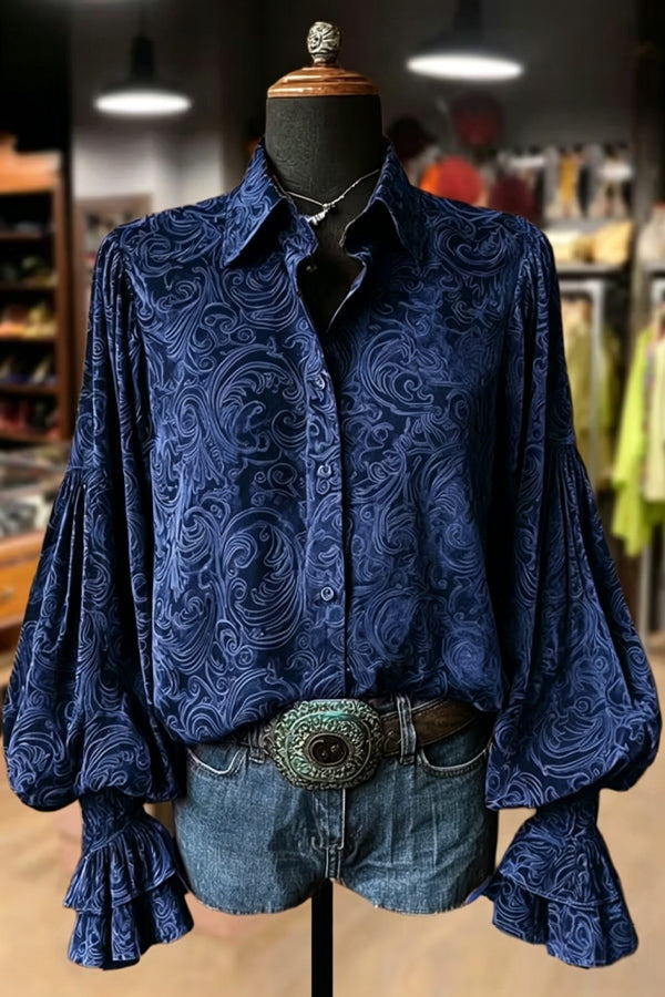 Vintage Floral Print Lantern Sleeve Velvet Top