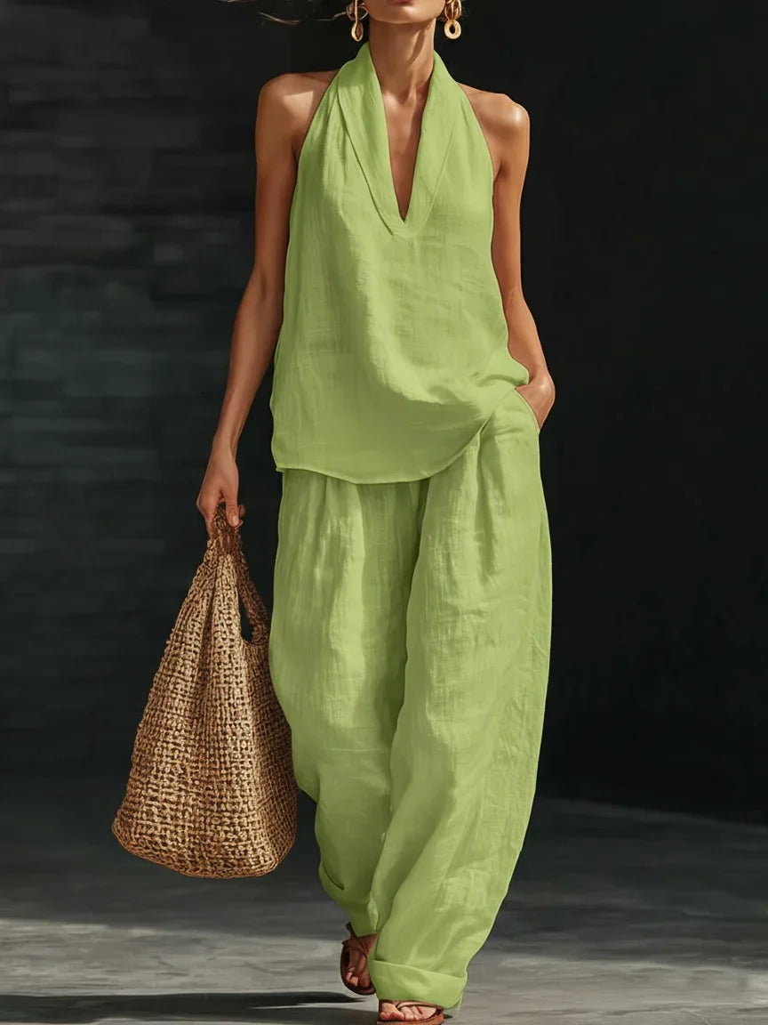 Casual And Cozy Minimalist Halter Top and Trouser Linen Two-piece Set