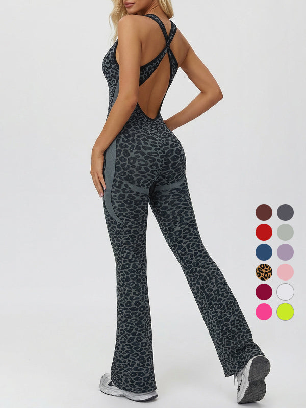 Leopard print cross-back sexy bodysuit yoga flared pants